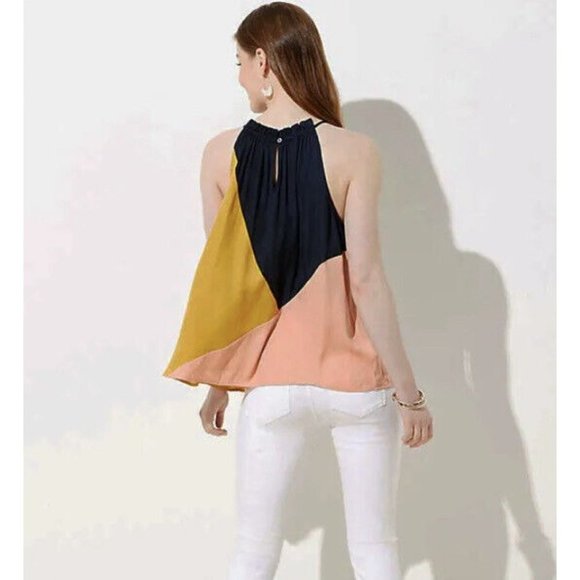 Loft Women's Top Petite PL Colorblock Blue Pink Yellow Halter Tank Blouse Flowy - Picture 2 of 10